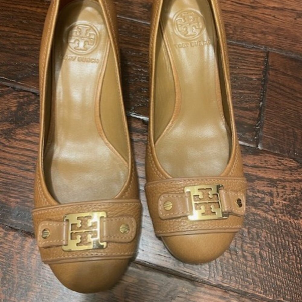 Tory Burch Natalya Mid-Heel Wedge Royal Tan Size 8 VGUC!